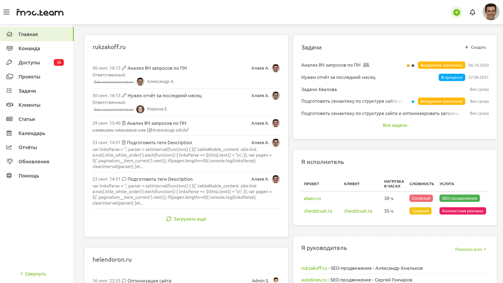 дашбоард Moo.team