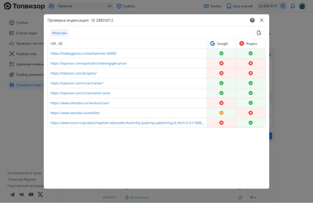 Тулбокс - SEO-инструменты для оперативных задач и быстрой аналитики результаты проверки индексации страниц через тулбокс